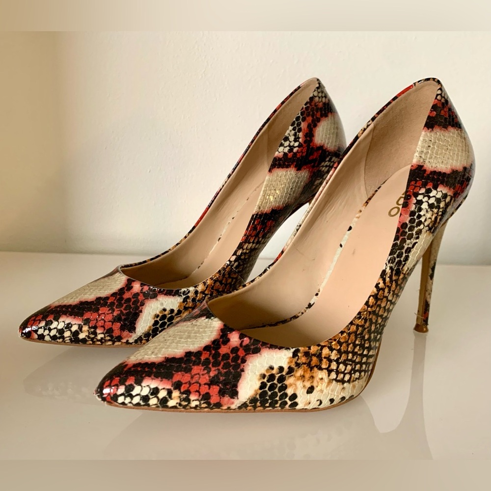 SEXY SNAKESKIN PUMP BLACK RED BEIGE BROWN NEUTRAL SIZE 8.5 ALDO SHOES FALL